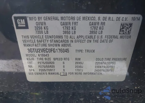 2015 GMC Sierra 1500 Slt z USA, uszkodzony, nr VIN 3GTU2VEC0FG176045